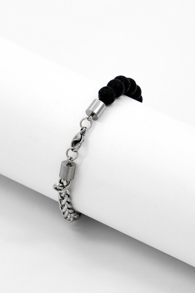 Steeltime Men Tiger Eye Stone Beads with Stainless Steel Chain Bracelet, Black - Image 2