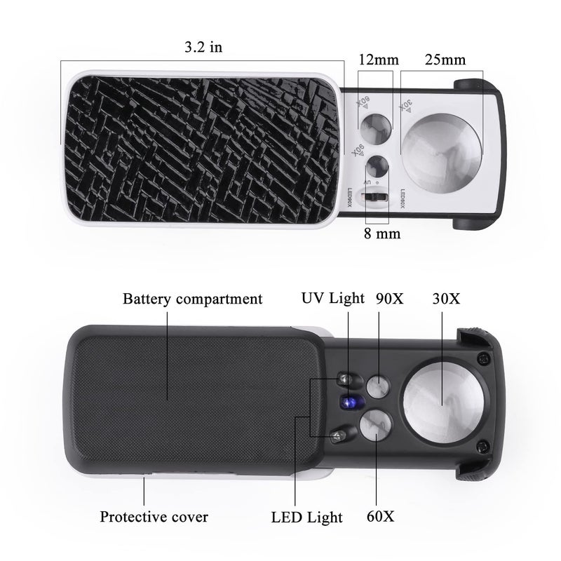 Amoper 2 Pieces 30X 60X 90X Jewelers Loupe, Slide-Out Lighted Eye Loupe Magnifying Glass with 3 Light for Coins Gems Jewelry Rocks Watches (Black) - Image 2