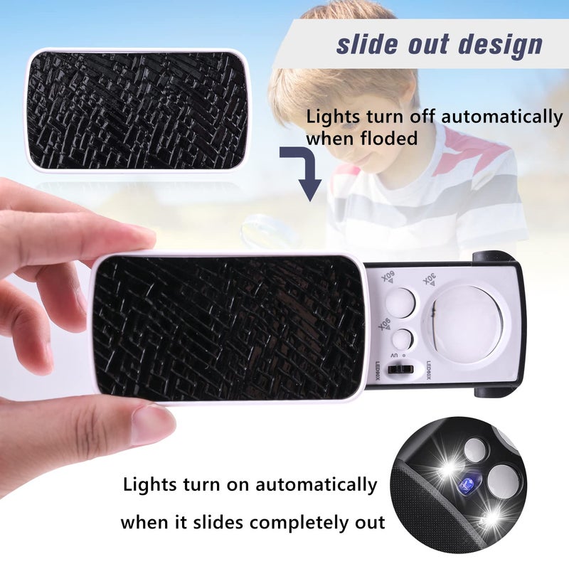 Amoper 2 Pieces 30X 60X 90X Jewelers Loupe, Slide-Out Lighted Eye Loupe Magnifying Glass with 3 Light for Coins Gems Jewelry Rocks Watches (Black) - Image 5