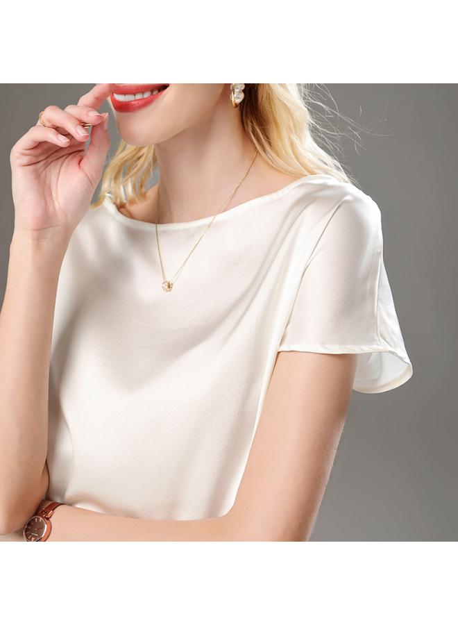 VUELO Summer New White Heavy Silk Short-sleeved T-shirt Women's Mulberry Silk Satin Loose Solid Color Half-sleeved Top 