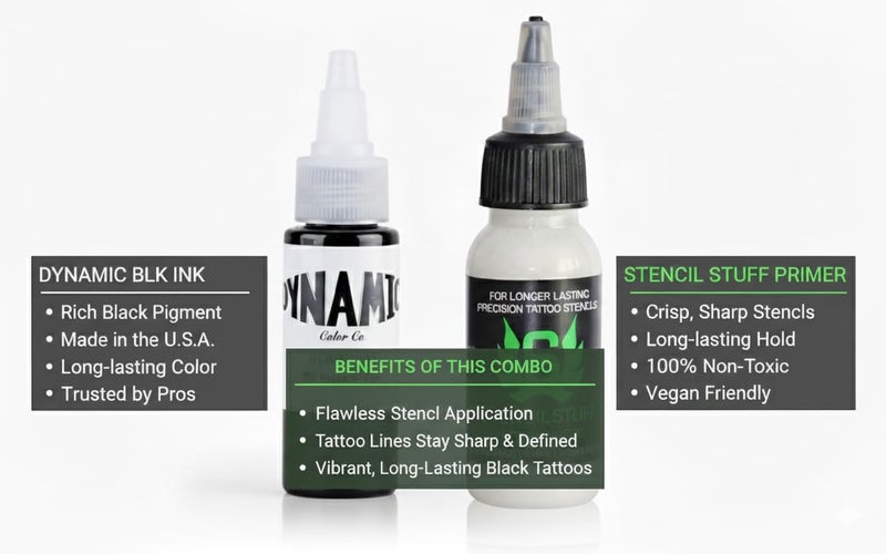 SHIELD PLUS Stencil Stuff Long Lasting Tattoo Stencil Primer Solution with Dynamic Blk (Black) Tattoo Ink (1oz / 30ml) Combo Kit | Shield Plus Professional Vegan Tattoo Supplies (2pcs) - Image 2