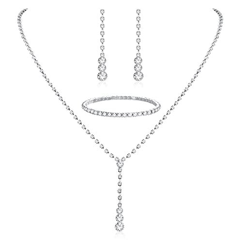 THUNARAZ Sparkled Jewelry Set for Women Silver Rhinestone Necklace Teardrop Dangle Earrings Bracelet for Bride Bridesmaid Crystal Bridal Prom Costume Jewelry Accessories for Wedding Party - Image 1