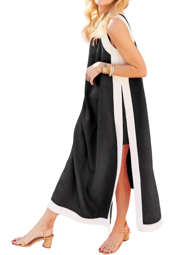 Hooever Women's 2 Piece Sets Boho Color Block Sleeveless Maxi Dress Matching Shorts with Pockets(Black-XS) - Image 1