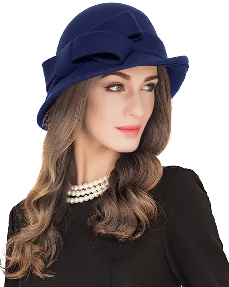 ZX Women Winter Wool Felt Cloche Bucket Hat 1920s Vintage Gatsby Hat Elegant Bow Church Wedding Hat Navy Blue 026 Navy Blue One Size - Image 2