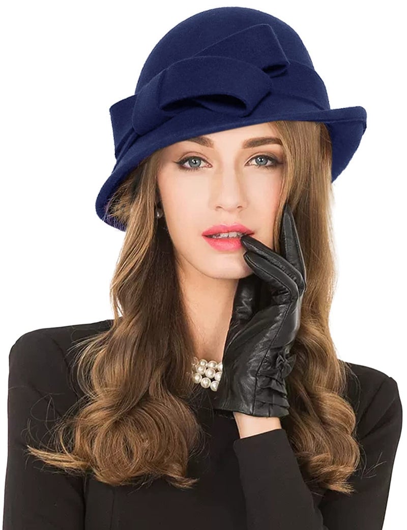 ZX Women Winter Wool Felt Cloche Bucket Hat 1920s Vintage Gatsby Hat Elegant Bow Church Wedding Hat Navy Blue 026 Navy Blue One Size - Image 1