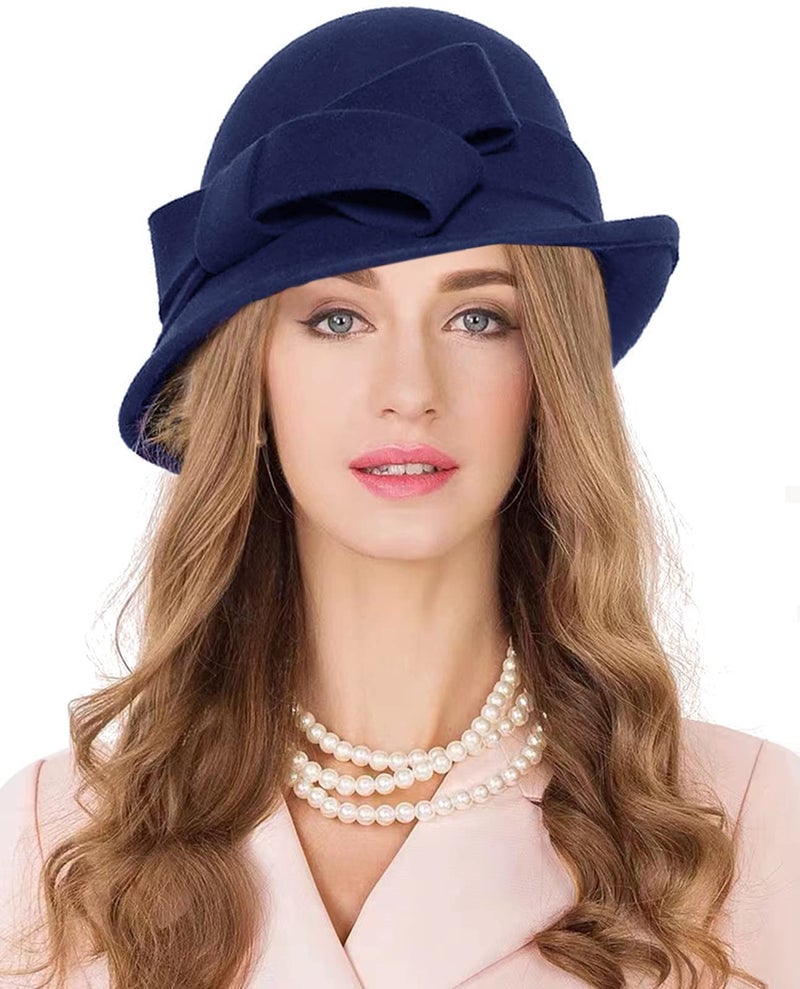 ZX Women Winter Wool Felt Cloche Bucket Hat 1920s Vintage Gatsby Hat Elegant Bow Church Wedding Hat Navy Blue 026 Navy Blue One Size - Image 3
