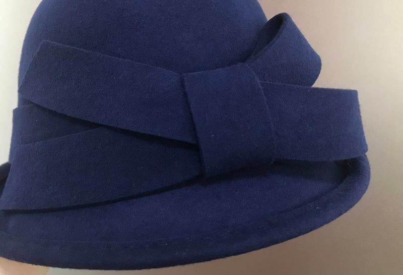 ZX Women Winter Wool Felt Cloche Bucket Hat 1920s Vintage Gatsby Hat Elegant Bow Church Wedding Hat Navy Blue 026 Navy Blue One Size - Image 5