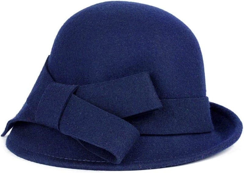 ZX Women Winter Wool Felt Cloche Bucket Hat 1920s Vintage Gatsby Hat Elegant Bow Church Wedding Hat Navy Blue 026 Navy Blue One Size - Image 4