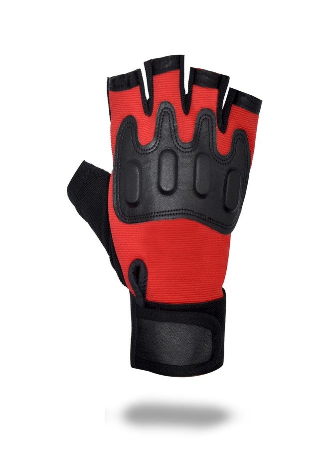 ZaySoo Nylon Tactical Leather Gym Gloves for Professional Weightlifting, Fitness Training and Workout | with Half-Finger Length, Wrist Wrap for Protection | and Tactical Thumb (Red) - Image 2
