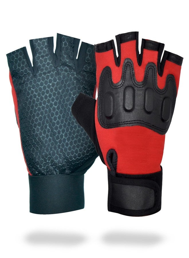 ZaySoo Nylon Tactical Leather Gym Gloves for Professional Weightlifting, Fitness Training and Workout | with Half-Finger Length, Wrist Wrap for Protection | and Tactical Thumb (Red) - Image 5