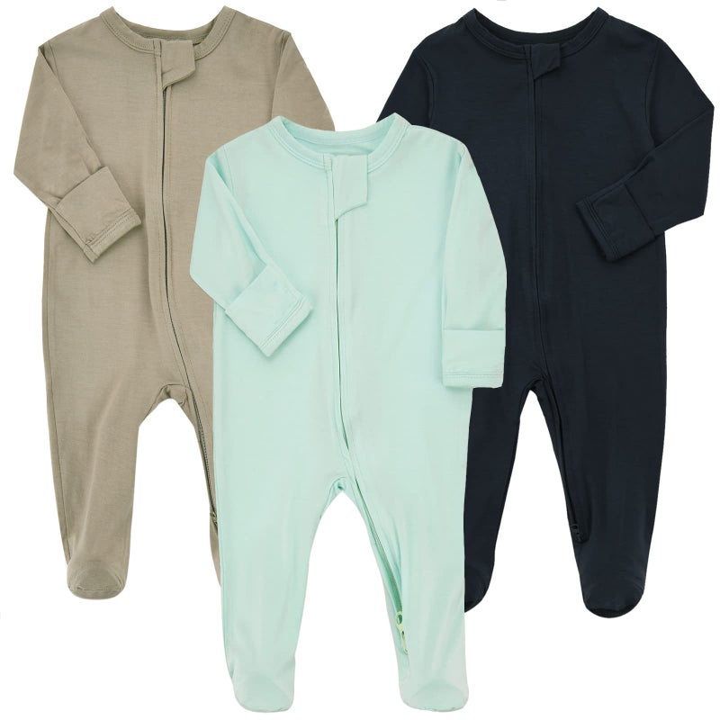 Aablexema Baby Pajamas Bamboo Rayon Zipper, 3pcs Unisex Infant Outfit with Mitten One Piece Footie Sleepwear(Navy & Mint & Coffee,Newborn) - Image 1