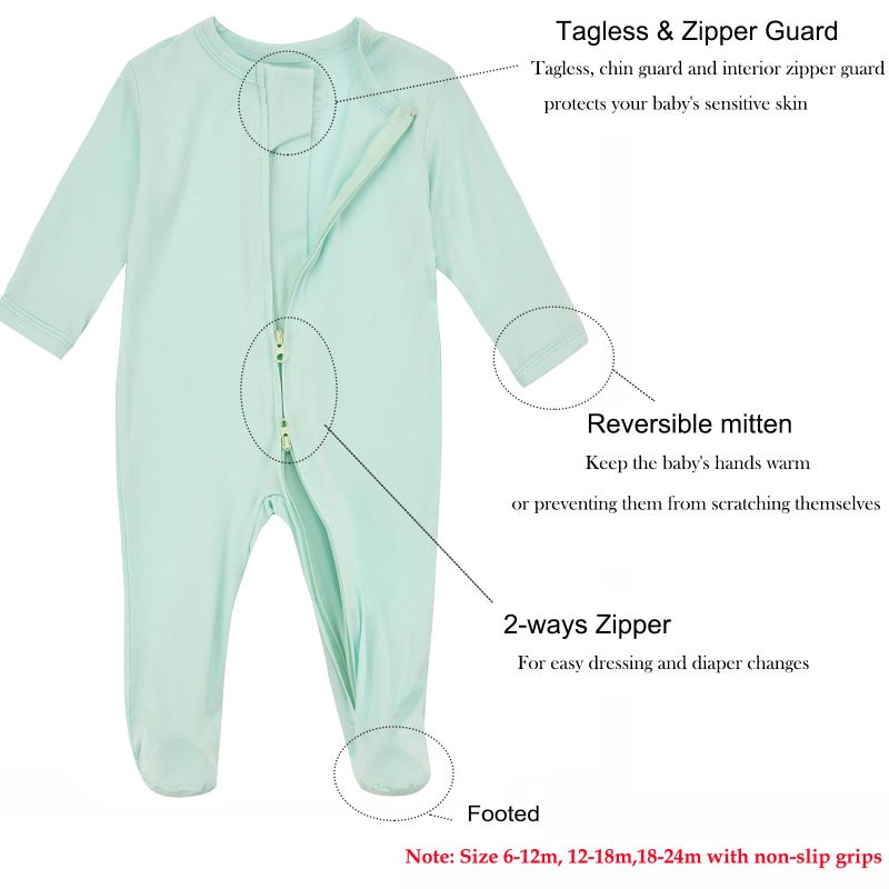 Aablexema Baby Pajamas Bamboo Rayon Zipper, 3pcs Unisex Infant Outfit with Mitten One Piece Footie Sleepwear(Navy & Mint & Coffee,Newborn) - Image 2