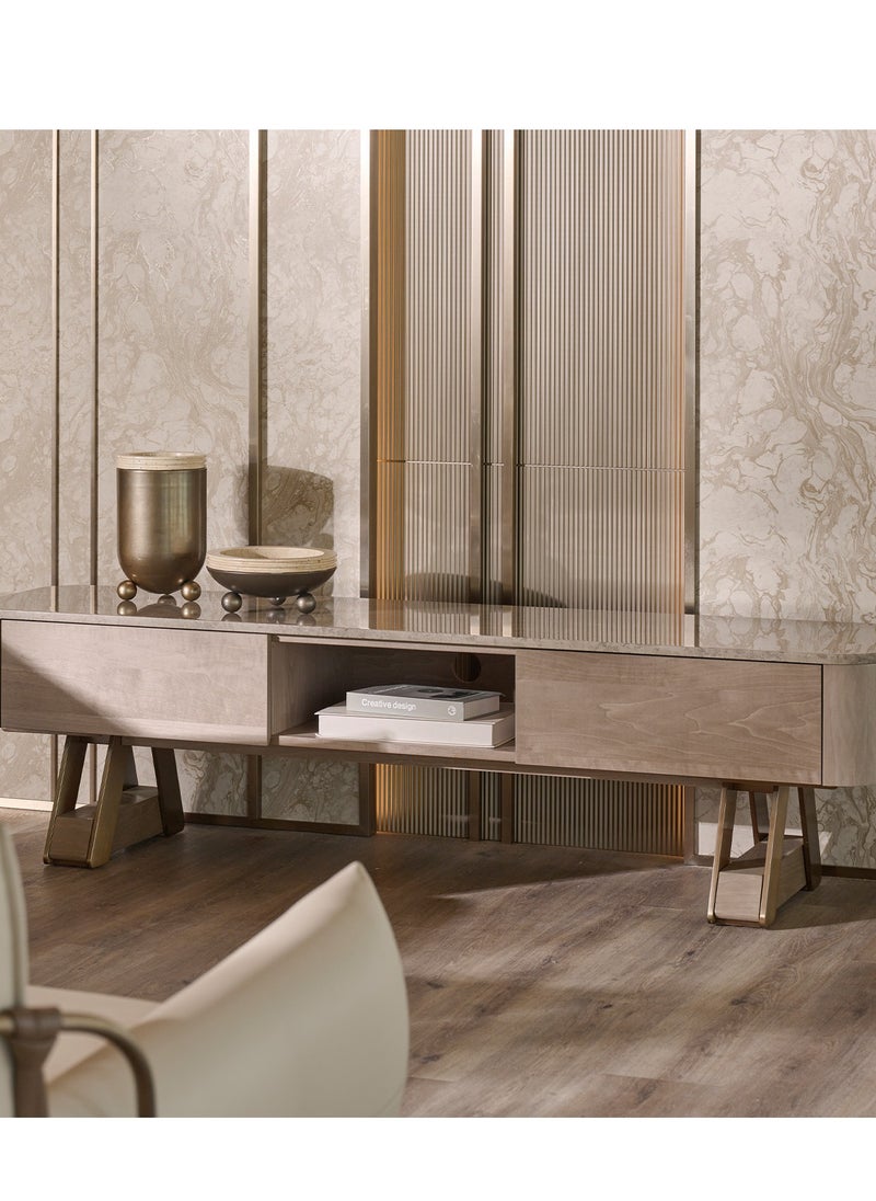 AL HUZAIFA FURNITURE Russell Tv Stand, Grey Marble Top In Walnut Antique Brass  - Image 2
