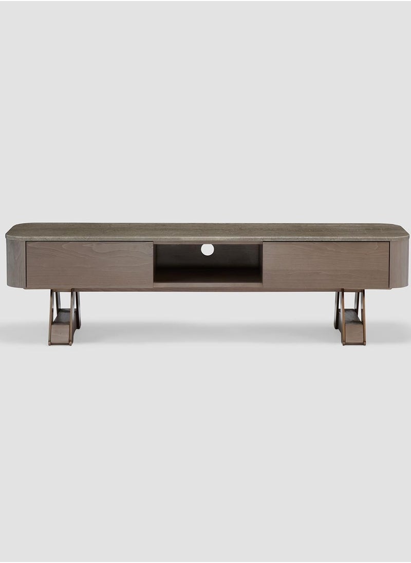 AL HUZAIFA FURNITURE Russell Tv Stand, Grey Marble Top In Walnut Antique Brass  - Image 1