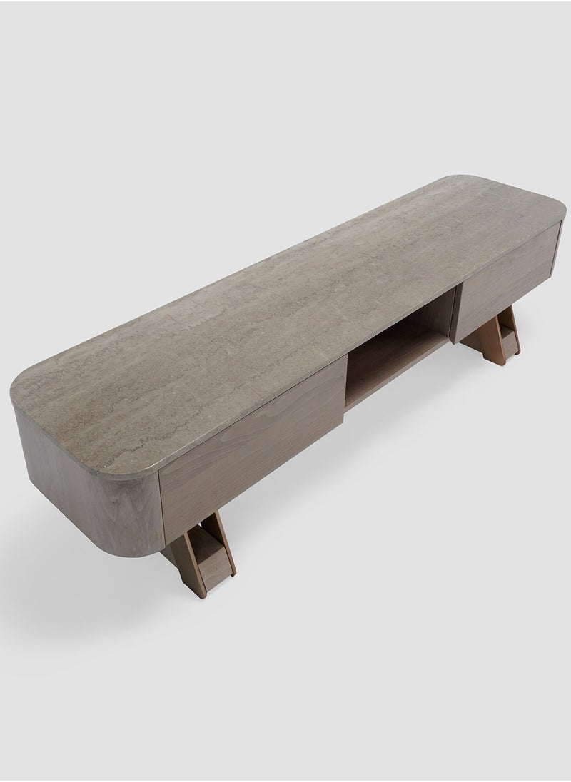 AL HUZAIFA FURNITURE Russell Tv Stand, Grey Marble Top In Walnut Antique Brass  - Image 3