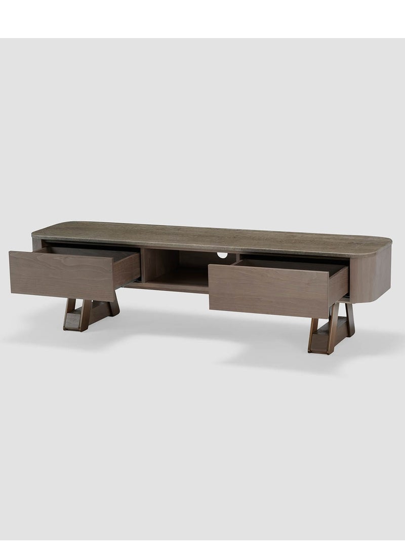 AL HUZAIFA FURNITURE Russell Tv Stand, Grey Marble Top In Walnut Antique Brass  - Image 4