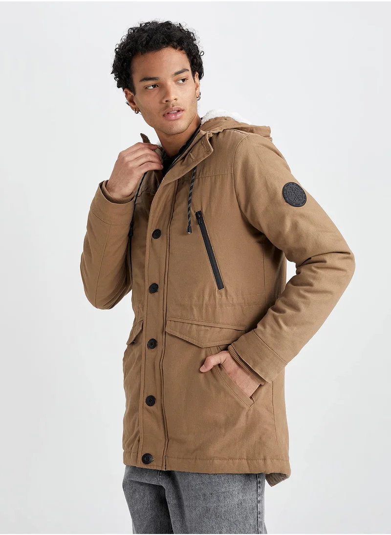 ديفاكتو Slim Fit Hooded Plush Lined Parka Jacket