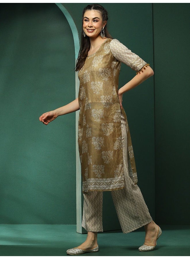AKS Floral Printed Round Neck Short Sleeves Straight Kurta with Palazzo - Image 4