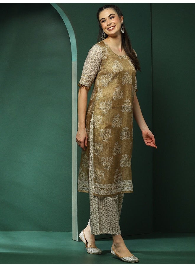 AKS Floral Printed Round Neck Short Sleeves Straight Kurta with Palazzo - Image 5