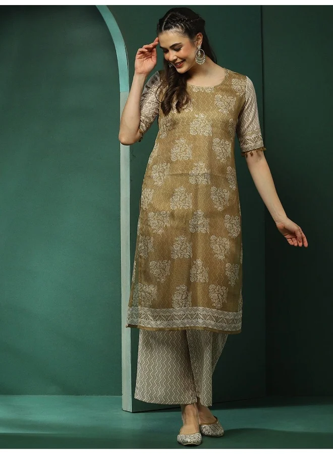 Aks AKS Floral Printed Round Neck Short Sleeves Straight Kurta with Palazzo