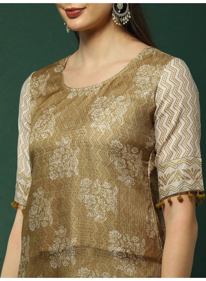 AKS Floral Printed Round Neck Short Sleeves Straight Kurta with Palazzo - Image 2