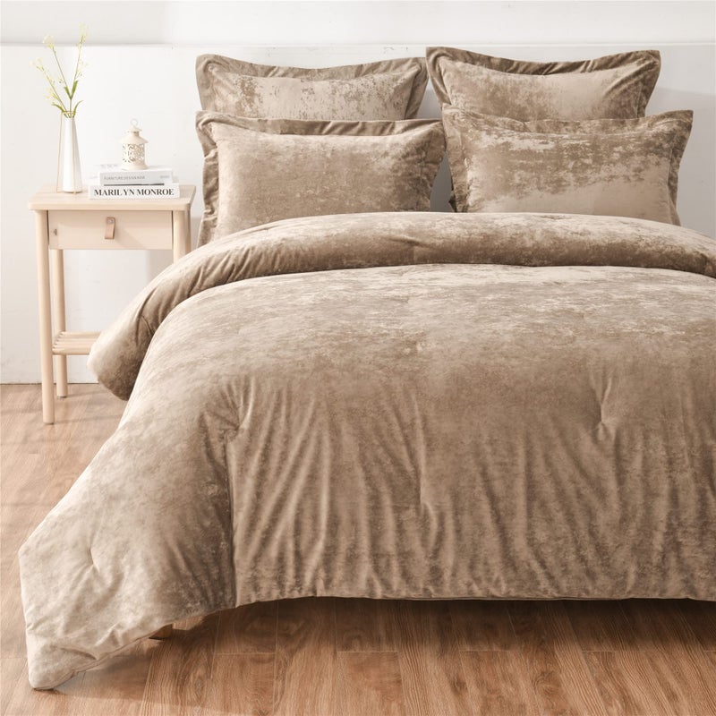 Fredsure Distressed Velvet Comforter Set, 5 Pieces Khaki Queen, Distressed Velvet Face and Brushed Microfiber Reverse - Image 2
