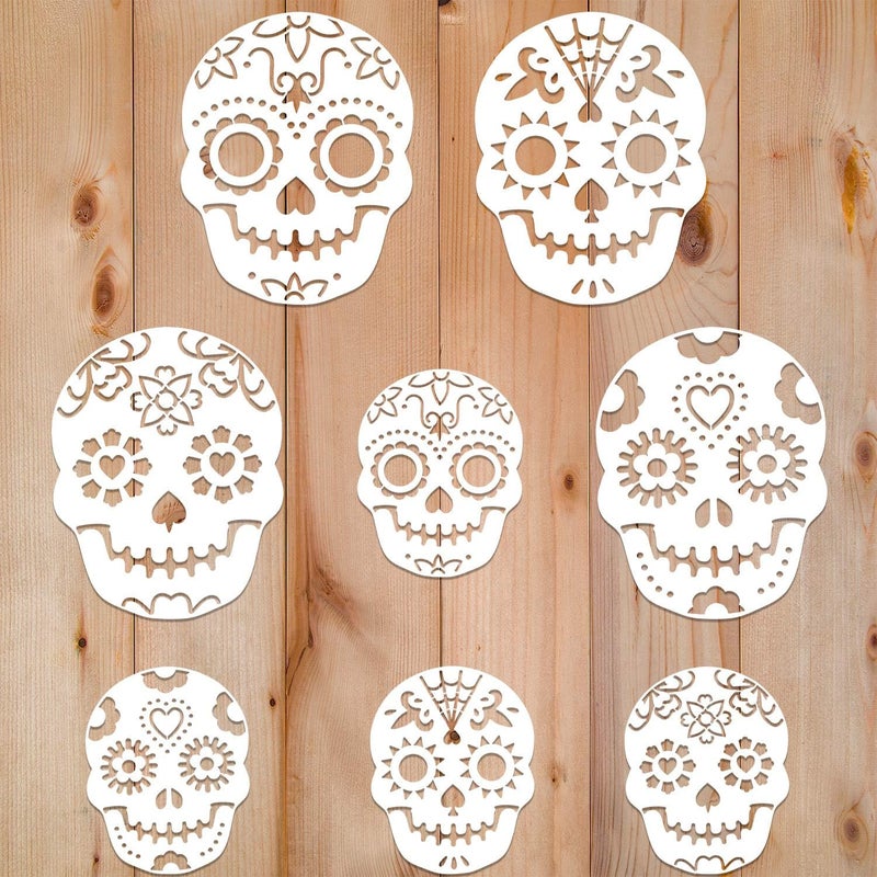 Konsait 8Pack Day of The Dead Cake Stencils Templates, Sugar Skull Cake Stencils Día de Los Muertos Mexican Party Halloween Reusable Cake Cookies Baking Painting Mold Tools, Small & Large Sizes - Image 3