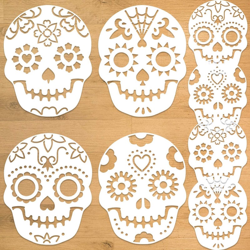 Konsait 8Pack Day of The Dead Cake Stencils Templates, Sugar Skull Cake Stencils Día de Los Muertos Mexican Party Halloween Reusable Cake Cookies Baking Painting Mold Tools, Small & Large Sizes - Image 1
