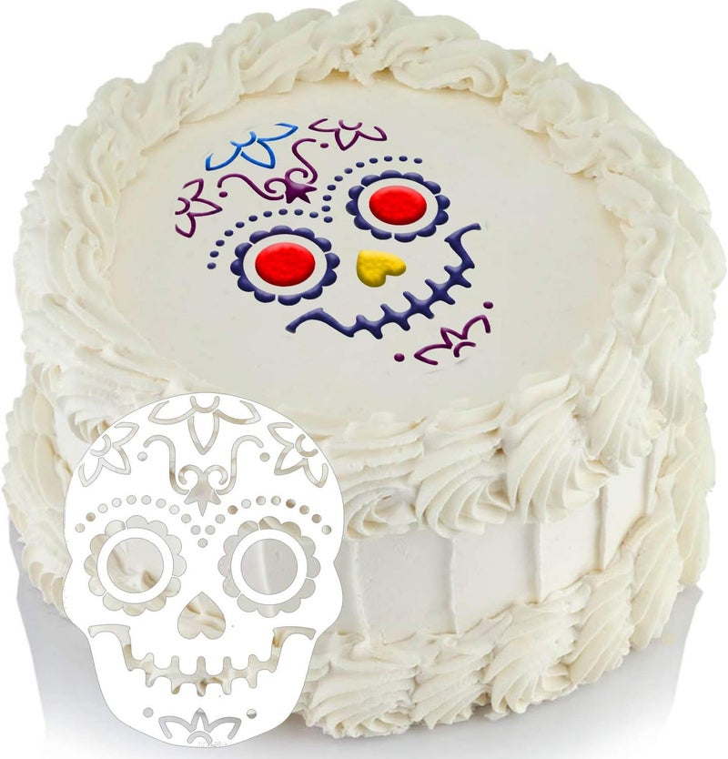Konsait 8Pack Day of The Dead Cake Stencils Templates, Sugar Skull Cake Stencils Día de Los Muertos Mexican Party Halloween Reusable Cake Cookies Baking Painting Mold Tools, Small & Large Sizes - Image 5