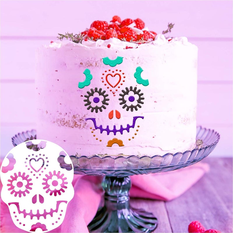 Konsait 8Pack Day of The Dead Cake Stencils Templates, Sugar Skull Cake Stencils Día de Los Muertos Mexican Party Halloween Reusable Cake Cookies Baking Painting Mold Tools, Small & Large Sizes - Image 4