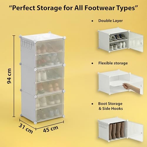 ALOXE DIY Foldable Shoe Rack | 6 Layer Plastic Shoes Rack with Door Cover | Multipurpose Stand for Home & Entryway (White) - Image 3