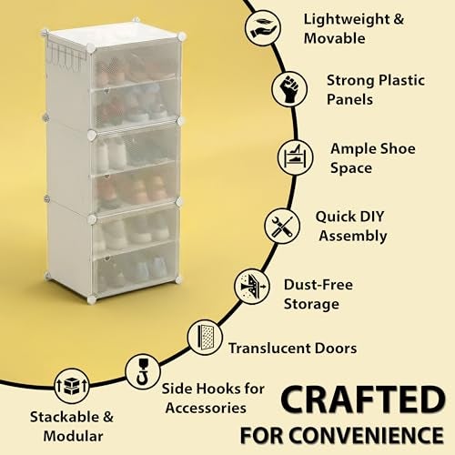 ALOXE DIY Foldable Shoe Rack | 6 Layer Plastic Shoes Rack with Door Cover | Multipurpose Stand for Home & Entryway (White) - Image 2