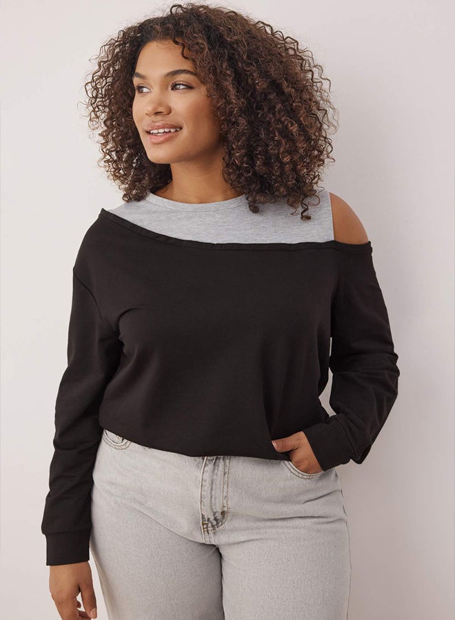 trendyol Black Crew Neck Shoulder Detail Fine Knitting Plus Size Sweatshirt - Image 2