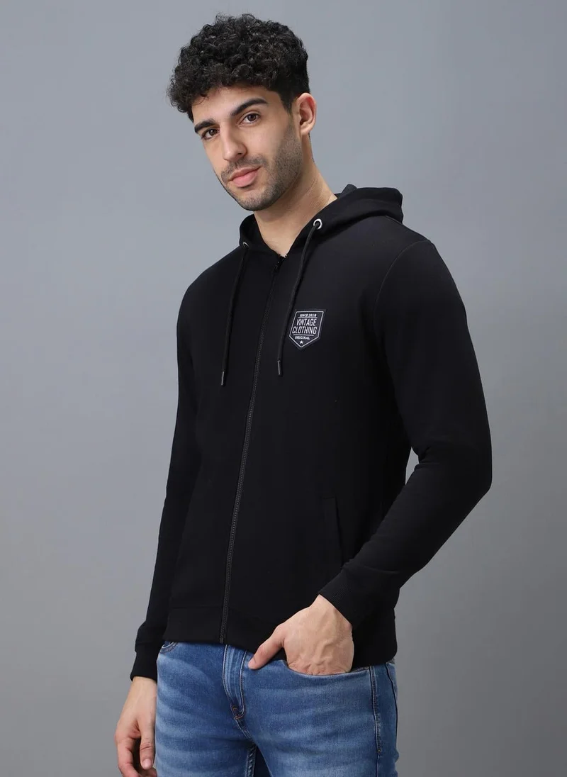 Urbano Fashion Men's Black Cotton Solid Zippered Hooded Neck Sweatshirt
