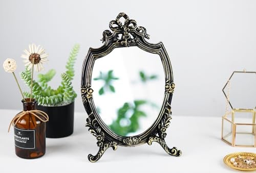Eaoundm Resin Frame Decorative Wall Mirror Makeup Mirror Tabletop Mirrors, for Bedroom Living-Room Dresser Decor 8.2W x 13 L inchs (Black) - Image 2