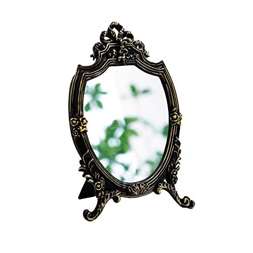 Eaoundm Resin Frame Decorative Wall Mirror Makeup Mirror Tabletop Mirrors, for Bedroom Living-Room Dresser Decor 8.2W x 13 L inchs (Black) - Image 1