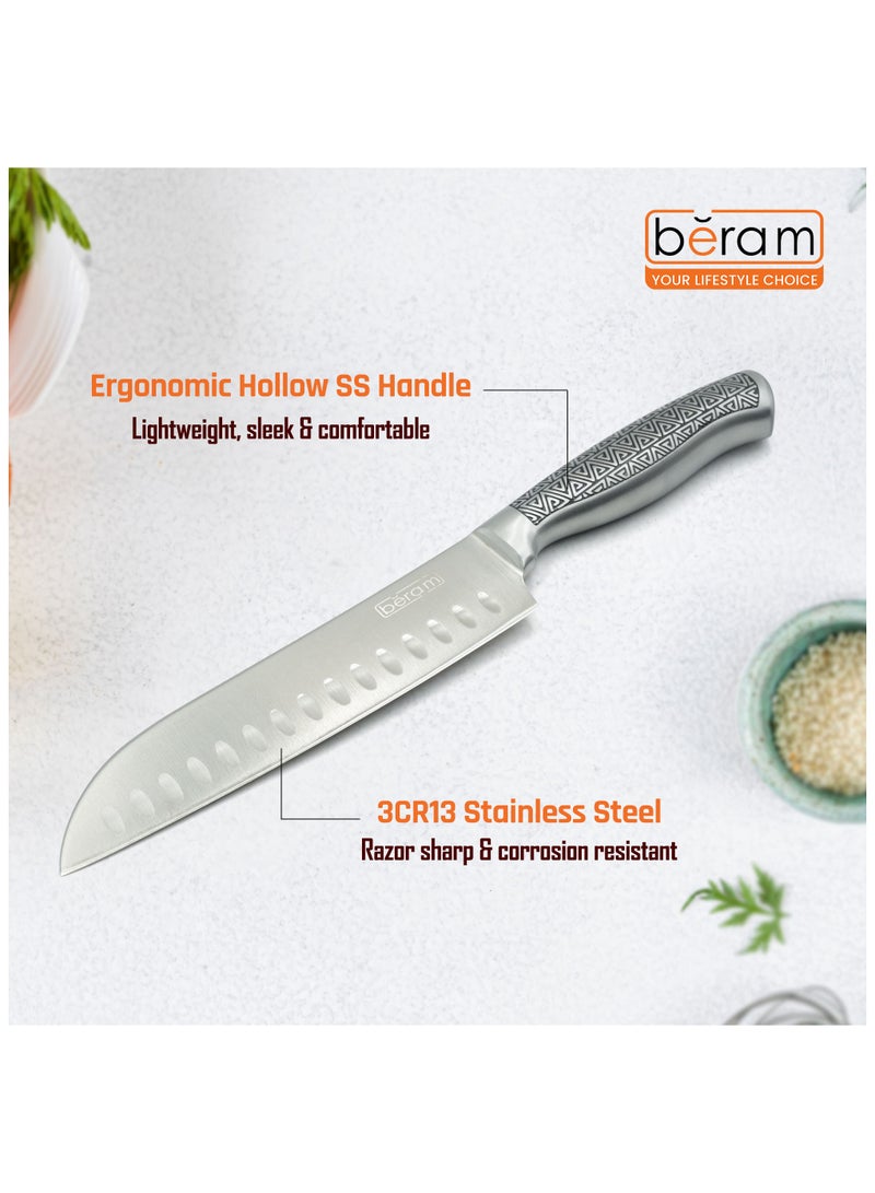 BERAM 7 Inch Proffessional Santoku Knife 3CR13 Stainless Steel Blade Sharp Precision Granton Edge Chopping Slicing Mincing Stylish Modern Durable Kitchen Essential SS Design hollow handle - Image 3