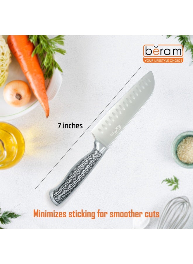 BERAM 7 Inch Proffessional Santoku Knife 3CR13 Stainless Steel Blade Sharp Precision Granton Edge Chopping Slicing Mincing Stylish Modern Durable Kitchen Essential SS Design hollow handle - Image 2