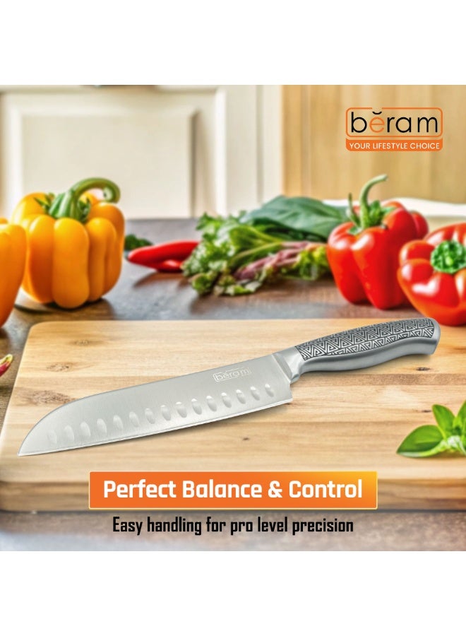 BERAM 7 Inch Proffessional Santoku Knife 3CR13 Stainless Steel Blade Sharp Precision Granton Edge Chopping Slicing Mincing Stylish Modern Durable Kitchen Essential SS Design hollow handle - Image 5