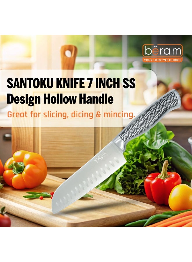 BERAM 7 Inch Proffessional Santoku Knife 3CR13 Stainless Steel Blade Sharp Precision Granton Edge Chopping Slicing Mincing Stylish Modern Durable Kitchen Essential SS Design hollow handle - Image 4