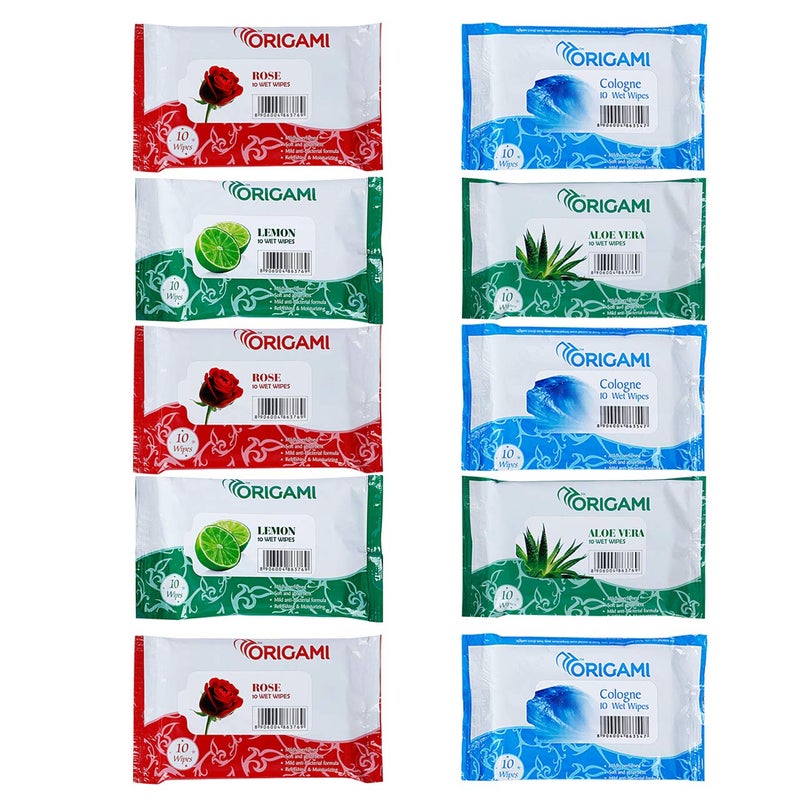 Origami Wet Wipes/Wet Tissue/Wet Facial Tissue - 15x20cm- 10 Pulls Per Pack - Pack of 10-100 Wipes - Assorted Fragrances - Image 1