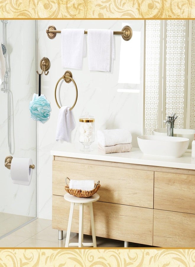 Otoolling 4 Pcs Antique Brass Gold Bathroom Accessories Set Wall-Mounted Adjustable Towel Rack & Round Towel Ring & Toilet Paper Holder & Robe Hook, Wall Mounted Brass Vintage Bath Hardware Set - Image 5