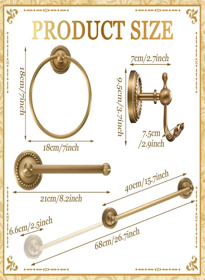 Otoolling 4 Pcs Antique Brass Gold Bathroom Accessories Set Wall-Mounted Adjustable Towel Rack & Round Towel Ring & Toilet Paper Holder & Robe Hook, Wall Mounted Brass Vintage Bath Hardware Set - Image 2