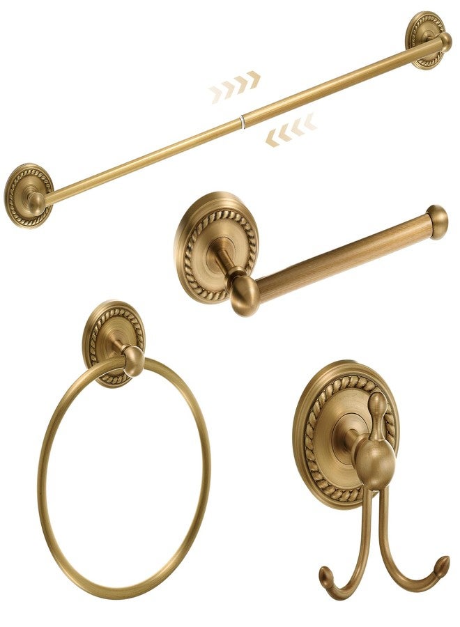 Otoolling 4 Pcs Antique Brass Gold Bathroom Accessories Set Wall-Mounted Adjustable Towel Rack & Round Towel Ring & Toilet Paper Holder & Robe Hook, Wall Mounted Brass Vintage Bath Hardware Set - Image 1