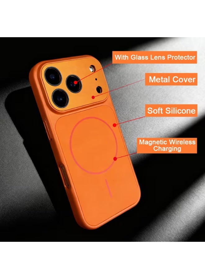 غطاء حماية مغناطيسي برتقالي اللون مع حماية للعدسة، مناسب لهاتف آيفون 16 برو ماكس (6.9 بوصة) - Image 2