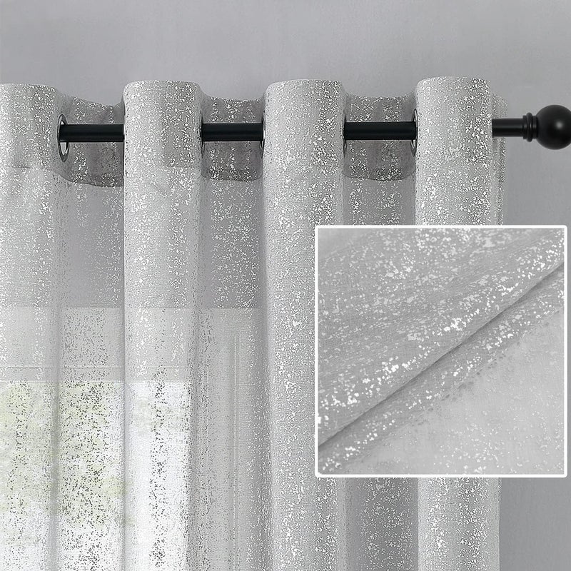 TERLYTEX Metallic Silver Foil Sparkle Dots Printed Sheer Curtains - 84 Inch Length, Grommet Curtains for Living Room Windows, 52 x 84 Inch, Silver Grey - Image 1