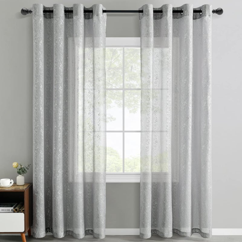 TERLYTEX Metallic Silver Foil Sparkle Dots Printed Sheer Curtains - 84 Inch Length, Grommet Curtains for Living Room Windows, 52 x 84 Inch, Silver Grey - Image 2
