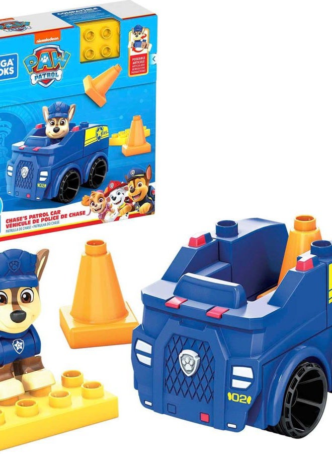 Mega Bloks PAW Patrol Chase's Police Car Building Set, 10 building blocks and special pieces with 1 Chase figure, pylon cone and rolling wheelbase, toy gift set ages 3-5 - Image 1