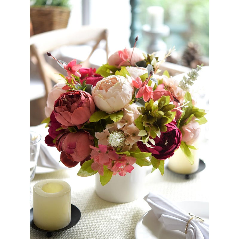 FiveSeasonStuff Pinkish Red and Dusty Pink Vintage Artificial Peonies Silk Flowers and Hydrangeas for Wedding Bridal Home Decor â€“ Beautiful Floral Centerpiece Bouquet (Passion Blush) - Image 3