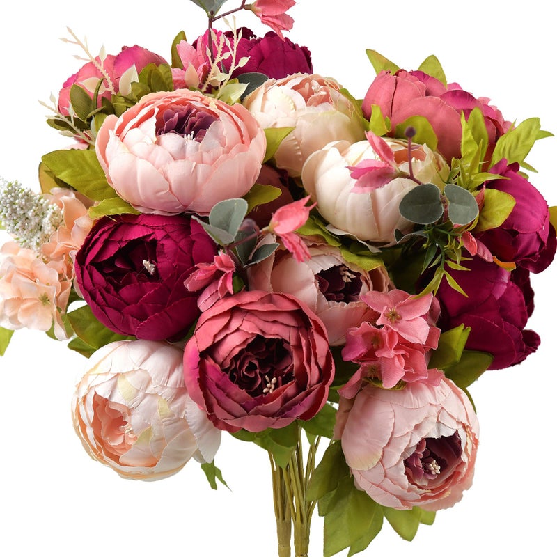 FiveSeasonStuff Pinkish Red and Dusty Pink Vintage Artificial Peonies Silk Flowers and Hydrangeas for Wedding Bridal Home Decor â€“ Beautiful Floral Centerpiece Bouquet (Passion Blush) - Image 1